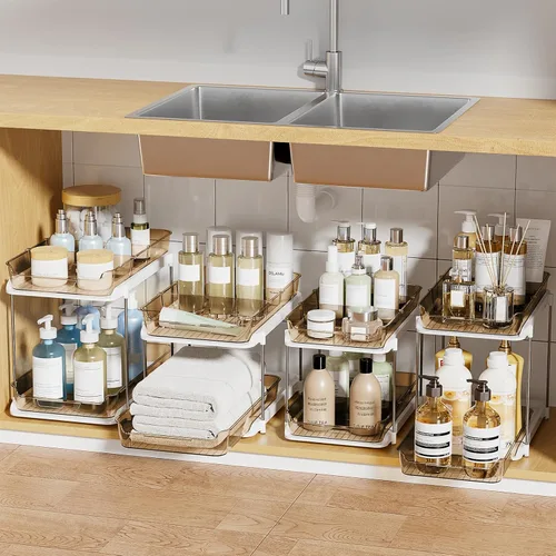 Vista 13 de Delamu Organizadores y Almacenamiento Multiusos de 2 Niveles para Debajo del Fregadero del Baño, Organización Apilable de Despensa de Cocina
