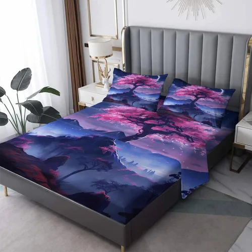 Vista 7 de Juego de sábanas de 3 piezas con estampado de flor de cerezo, tamaño individual, diseño de árbol de Sakura, sábanas y fundas de almohada, sábana