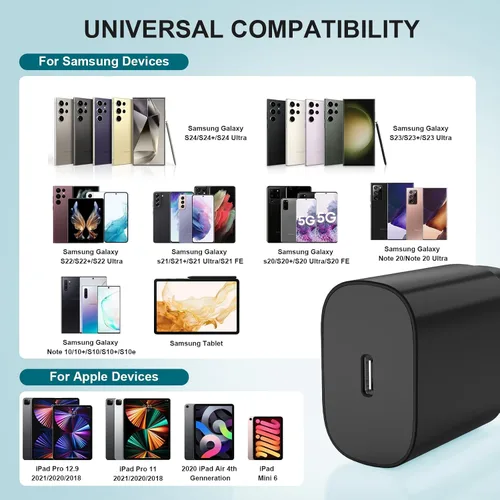 Vista 3 de Cable de carga súper rápido para Samsung Galaxy tipo C, bloque de cargador de teléfono Android de 25 W y cable USBC a USB-C de 3 pies para Galaxy
