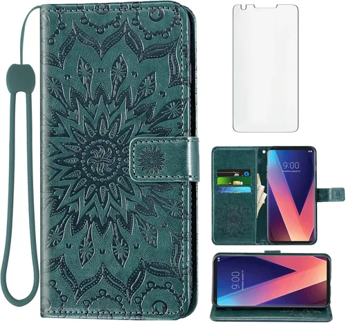 Vista 10 de Funda de teléfono para LG V35 ThinQ V30 Plus con protector de pantalla de vidrio templado y cubierta abatible de cuero, soporte para tarjetas