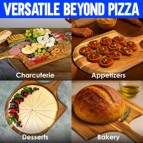 Vista 7 de KitchenStar Pela de pizza de madera de acacia de 14 pulgadas – Tabla grande de madera para cortar y servir con mango – Acabado de aceite natural