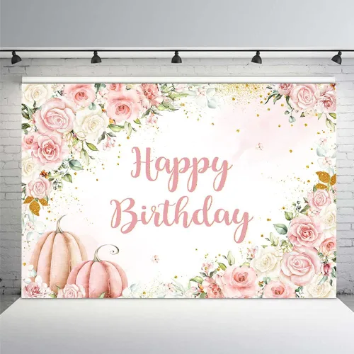 Vista 7 de MEHOFOND Fondo de otoño de 7 x 5 pies, calabaza de feliz cumpleaños, hierba de las pampas, puntos dorados con purpurina floral para niños, fondo