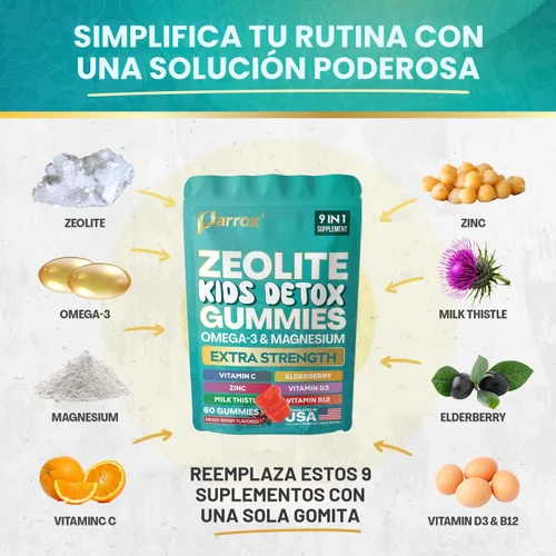 Vista 5 de Gomitas de Zeolita Parrox para Niños, 9-en-1 con Zeolita, Omega-3, Magnesio, Saúco, Vitamina C, Cardo Mariano, Vitamina D3, Zinc, B12 – Sin Azúcar