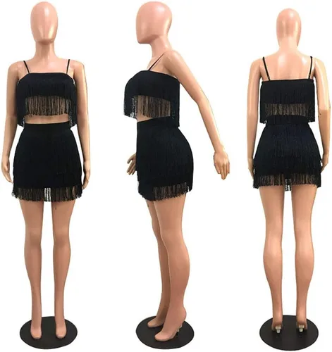 Vista 3 de Traje de mujer sexy de 2 piezas, sin mangas, con borlas de plumas en la blusa, minivestido entallado para el cuerpo, ropa para ir al club.