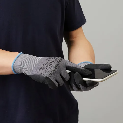 Vista 7 de Amazon Basics Guantes con revestimiento de nitrilo de microespuma, fibra de forro de nailon, pantalla táctil, gris, talla 7 (S), paquete de 6