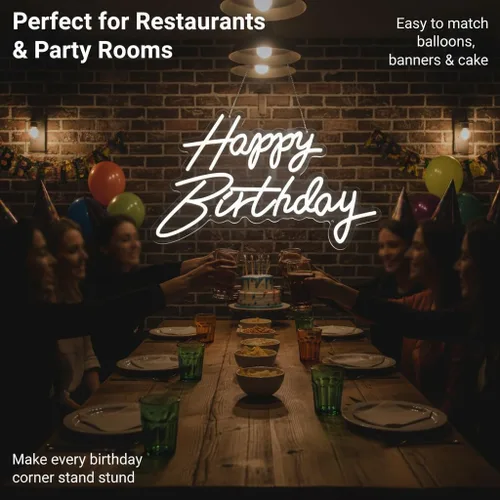Vista 4 de Letrero de neón con texto en inglés "Happy Birthday", letras LED acrílicas de 19.6 x 11.8 pulgadas, letras iluminadas, letreros LED de neón