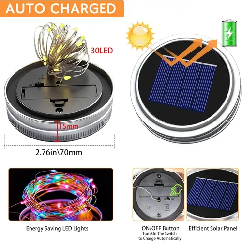 Vista 2 de VOOKRY Paquete de 6 luces solares para tarros de masón, 30 tapas LED para tarros de masón, impermeables, con 6 ganchos (sin tarros), para patio al