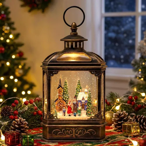 Vista 13 de Globo de nieve navideño con agua brillante, escena de cardenal con música y temporizador, linterna iluminada con USB/operada por batería