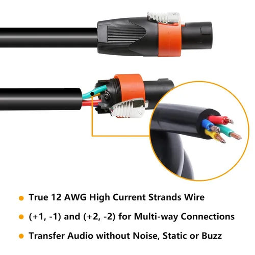 Vista 6 de HBU Paquete de 2 cables Speakon True de 4 conductores de 3 pies, cable Speakon de 4 polos a SpeakON - Amplificador de escenario PA DJ de 12 AWG a