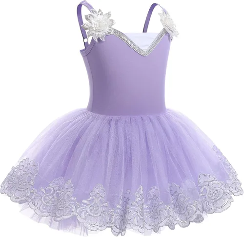 Vista 2 de ODASDO Leotardo de ballet para niñas, camisola, faldas tutú, lentejuelas brillantes, bordado de flores, vestido de baile, traje de gimnasia