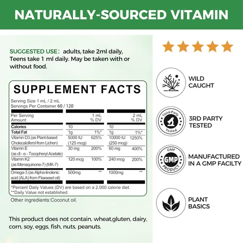 Vista 2 de Mulittea Líquido orgánico de vitamina D3 K2 con aceite de linaza y coco MCT vegano Omega-3, 10000 UI, líquido de vitamina D, sin rellenos, K2 sin