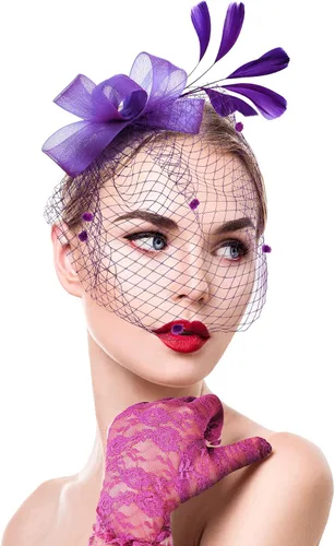 Vista 4 de Boao Sombrero de tocado con lazo, sombrero de fiesta de té, plumas, velo, diadema de malla y guantes cortos de encaje, guantes de encaje floral
