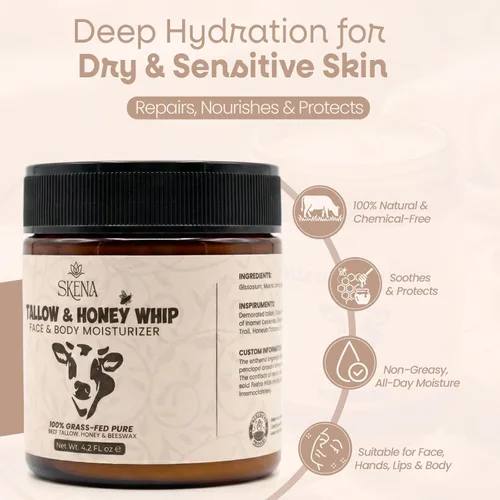 Vista 3 de Hidratante de sarga de carne alimentada con pasto con miel y cera de abejas, crema facial batida para hidratación profunda, bálsamo facial