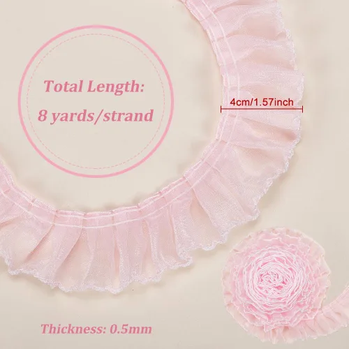 Vista 2 de BENECREAT Cinta de encaje plisada de poliéster de 8 yardas, 1.57 pulgadas de ancho, color rosa con borde blanco, cinta de encaje con volantes