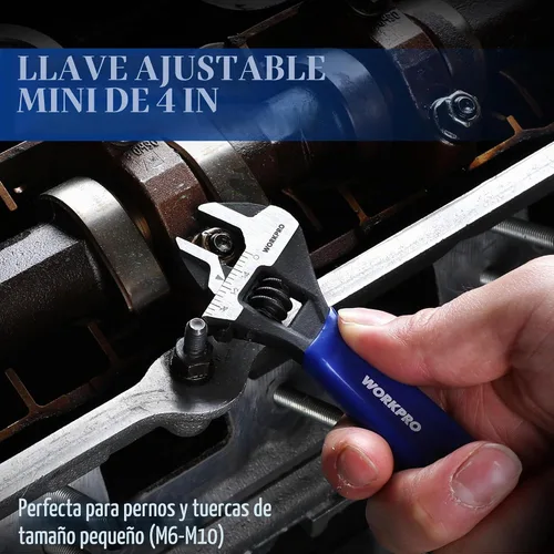 Vista 4 de WORKPRO Llave ajustable mini de 4 pulgadas, llave de mandíbula ancha de acero Cr-V con óxido negro para tuercas pequeñas, escalas métricas y SAE