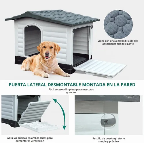 Vista 7 de YITAHOME Casa para perros grande de 2 puertas con base elevada y cojín, casa de plástico para perros pequeños y medianos, fácil montaje, impermeable