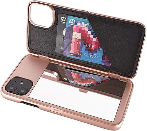 Vista 3 de Funda para iPhone 11, funda tipo cartera de lujo para mujer con tarjetero a prueba de golpes espejo y soporte para Apple iPhone 11 2019 de 6.1 Oro