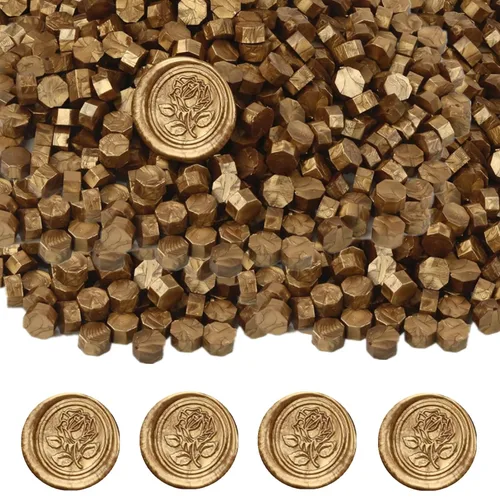 Vista 4 de 720 cuentas de sellado de cera, cuentas de cera de sellado de bronce dorado, cuentas de sello de cera octagonal de oro antiguo de 0.55 libras