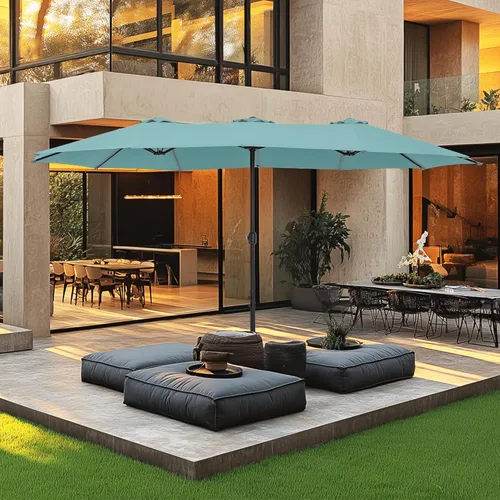 Vista 17 de MFSTUDIO Sombrilla de patio de 15 pies con base incluida, sombrilla rectangular grande de mercado de doble cara para exteriores con mango