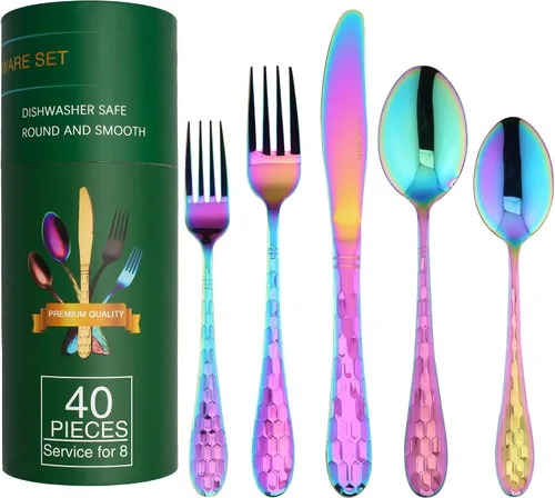Vista 10 de Juego de cubiertos negros de 40 piezas para 8, cubiertos de acero inoxidable 18/10 para 8, elegante diseño de panal de abeja, incluye cuchillo