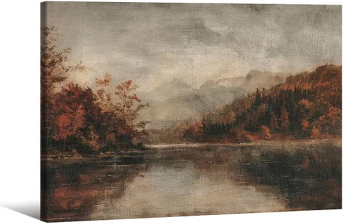 Vista 33 de Póster de paisaje campestre y lago, arte de pared de paisaje de naturaleza otoñal, 08 x 10 pulgadas, marco negro, pintura al óleo vintage de otoño
