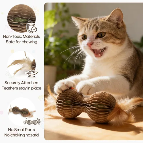 Vista 5 de Juguetes de bola de hierba gatera para gatos de interior, juguete de cartón con forma de mancuernas con 2 bolas de hierba gatera y extremos