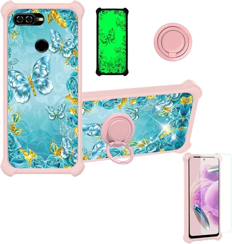 Vista 62 de jioeuinly Funda compatible con Oukitel P1 Pro con protector de pantalla de vidrio templado, policarbonato duro + silicona suave, soporte de anillo