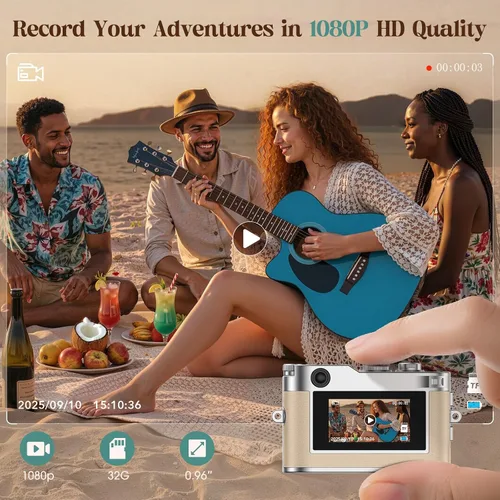 Vista 3 de Cámara Digital Mini HOTU, Cámara Llavero 1080P HD con Lente de 2MP, Flash, Grabación de Vídeo, Tarjeta de 32G Incluida, Cámara Retro Portátil y Beige