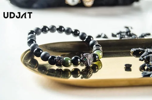 Vista 7 de Udjat Pulsera de cabeza de leopardo de pantera negra de la suerte, jade elástico hecho a mano, pulseras de chakras para mujer, pulsera de jade