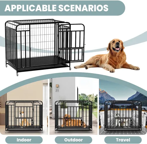 Vista 7 de Jaula resistente de 42 pulgadas para perros extragrandes, de acero a prueba de escapes, con ruedas bloqueables y puertas dobles, jaula XXL