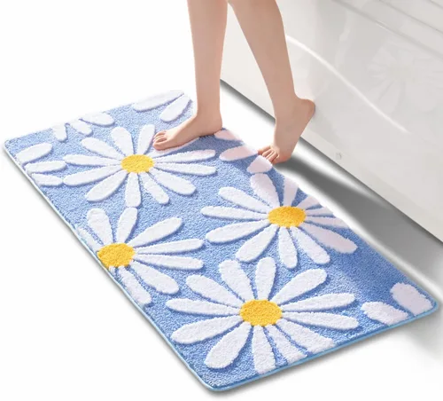 Vista 20 de QJHOMO Alfombra de baño beige con diseño de margaritas, decoración de flores blancas y amarillas, alfombra antideslizante de microfibra, súper