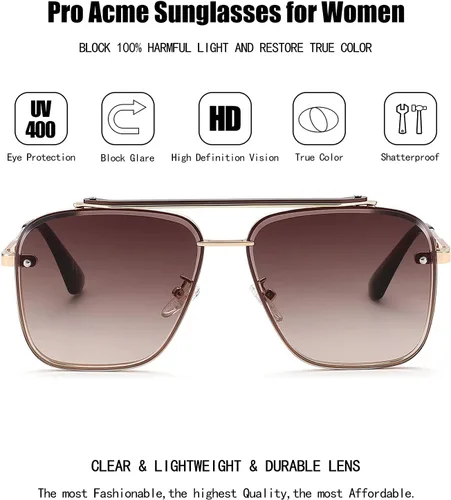 Vista 5 de Pro Acme Navigator Gafas de sol para hombres y mujeres piloto cuadrado doble puente metal Sunnies con lentes mejoradas
