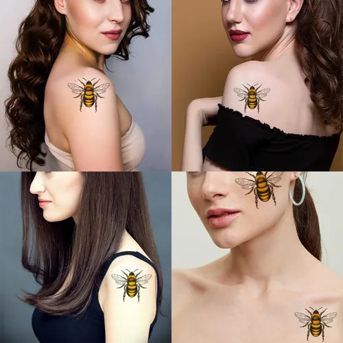 Vista 2 de 6 hojas de tatuajes de abeja para niños, tatuajes temporales de abeja, tatuajes falsos temporales para hombres y adultos, grabado de abeja de miel