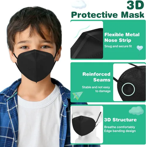 Vista 4 de XDX Mascarillas KN95 para niños, paquete de 100 mascarillas desechables negras envueltas individualmente, mascarillas KN95 de 5 capas para niños