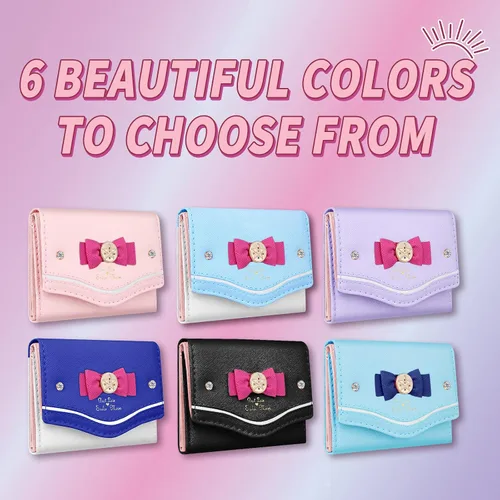 Vista 6 de Girsl - Cartera estética kawaii, pequeña, de piel vegana, de tres pliegues, de anime, para adolescentes, niñas pequeñas, color rosa, azul