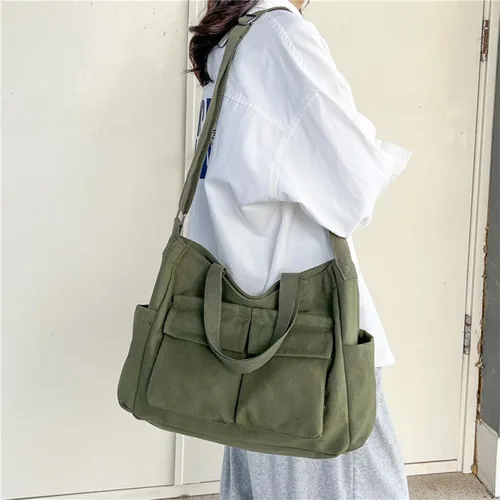 Vista 2 de Bolso bandolera de lona para mujeres y hombres, bolso de hombro grande con múltiples bolsillos, bolsa de lona, bolsa casual estética