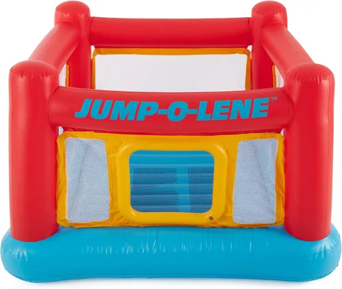 Vista 5 de Intex Jump-O-Lene - Casa inflable de rebote para cama elástica con puerta de arrastre y pequeña bola de plástico multicolor divertida para hoyo
