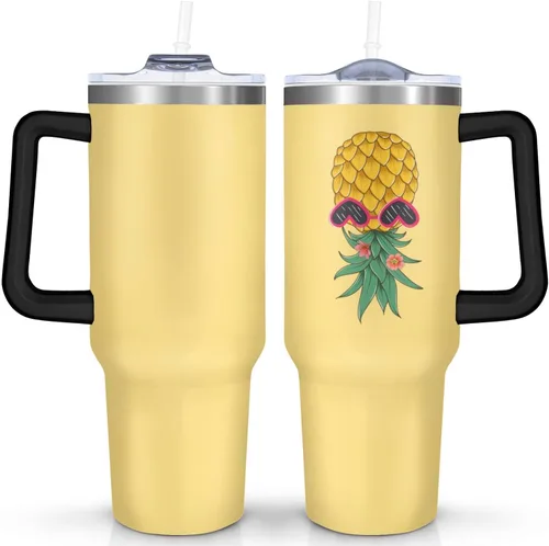 Vista 9 de Sunmdecor Vaso de 40 onzas con asa y pajitas de silicona, vaso aislado de café con asa, vaso de 40 onzas con asa