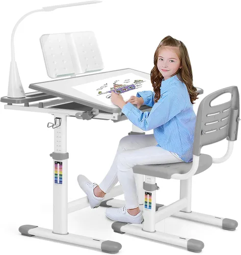 Vista 11 de Artist hand Kids Desk and Chair Set, Height Adjustable Desk with 0-40° Tilting Desktop, 2-Tier Bookshelf, Tablet Stand, Drawer, Hook and Ergonomic