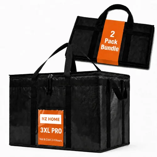 Vista 30 de Bolsa térmica XXL aislada y calentador de alimentos para entrega y compras de comestibles con parte superior con cremallera, color negro