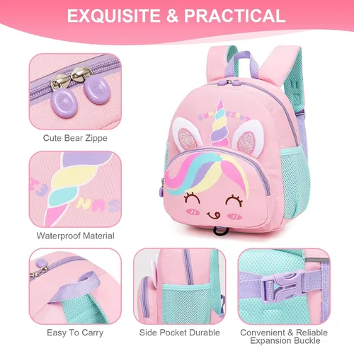 Vista 4 de Mochila pequeña para niñas y niños, mochila para perschool con correa para el pecho, dibujos animados 3D, Unicornio, Linda mini mochila para niñas