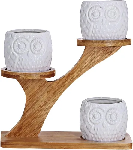 Vista 2 de 3 piezas Macetas para Suculentas de Búho con Soporte de Platillos de Bambú de 3 Niveles - Maceta Decorativa Moderna de Cerámica Blanca con Drenaje