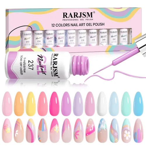Vista 10 de RARJSM Juego de esmaltes de uñas de gel metalizados para arte de uñas, negro, plata, oro rosa, azul, verde, rojo, con brillantina, 12 colores, 0.2