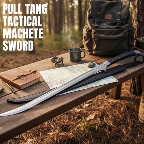 Vista 5 de SZCO Espada de machete táctica de espiga completa de 45 pulgadas, cuchillo de machete de guerrero de montaña con mango de madera negra y funda