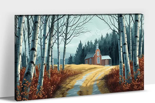Vista 12 de UZMKM Lienzo decorativo de abedul para pared, pintura de bosque otoñal, imagen panorámica de paisaje, vista de la naturaleza amarilla, obra de arte
