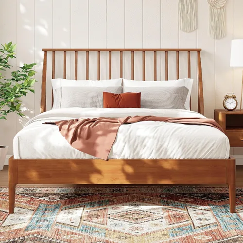 Vista 28 de JIVOIT Cama de plataforma de tamaño King con cabecera de 46.5 pulgadas de alto, marco de plataforma de madera de bambú maciza con listones de madera