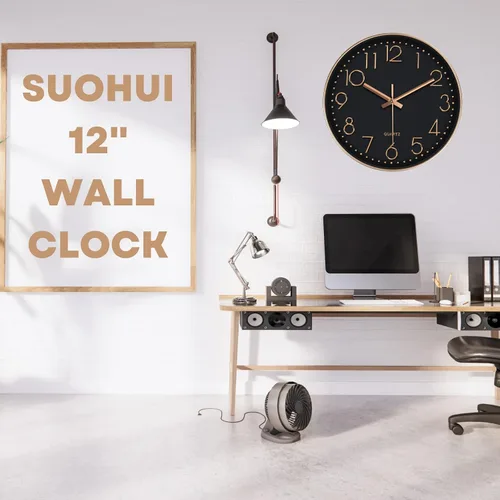 Vista 7 de Reloj de pared silencioso de 12 pulgadas, relojes de pared sin tictac que funcionan con pilas, para decoración de sala de estar, reloj de pared Oro