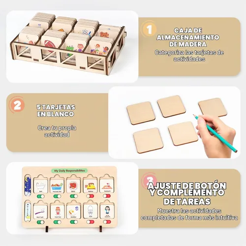 Vista 5 de Dreamon Horario Visual de Madera para Niños Tabla de Tareas, Tablas de Rutina Matutina y de Hora de Dormir para Niños Pequeños