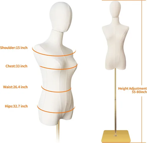 Vista 3 de Maniquí femenino con forma de torso para costura, cuerpo de maniquí dorado con soporte metálico, cabeza desmontable para exhibición de ropa
