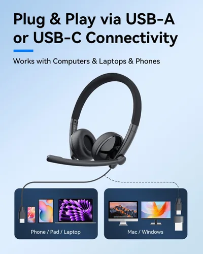 Vista 5 de EMEET Auriculares con cable HS50 con micrófono y control en línea, auriculares abiertos de flujo de aire, auriculares inalámbricos Bluetooth 5.3